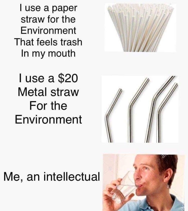 straw me an intellectual - I use a paper straw for the Environment That feels trash In my mouth I use a $20 Metal straw For the Environment Me, an intellectual