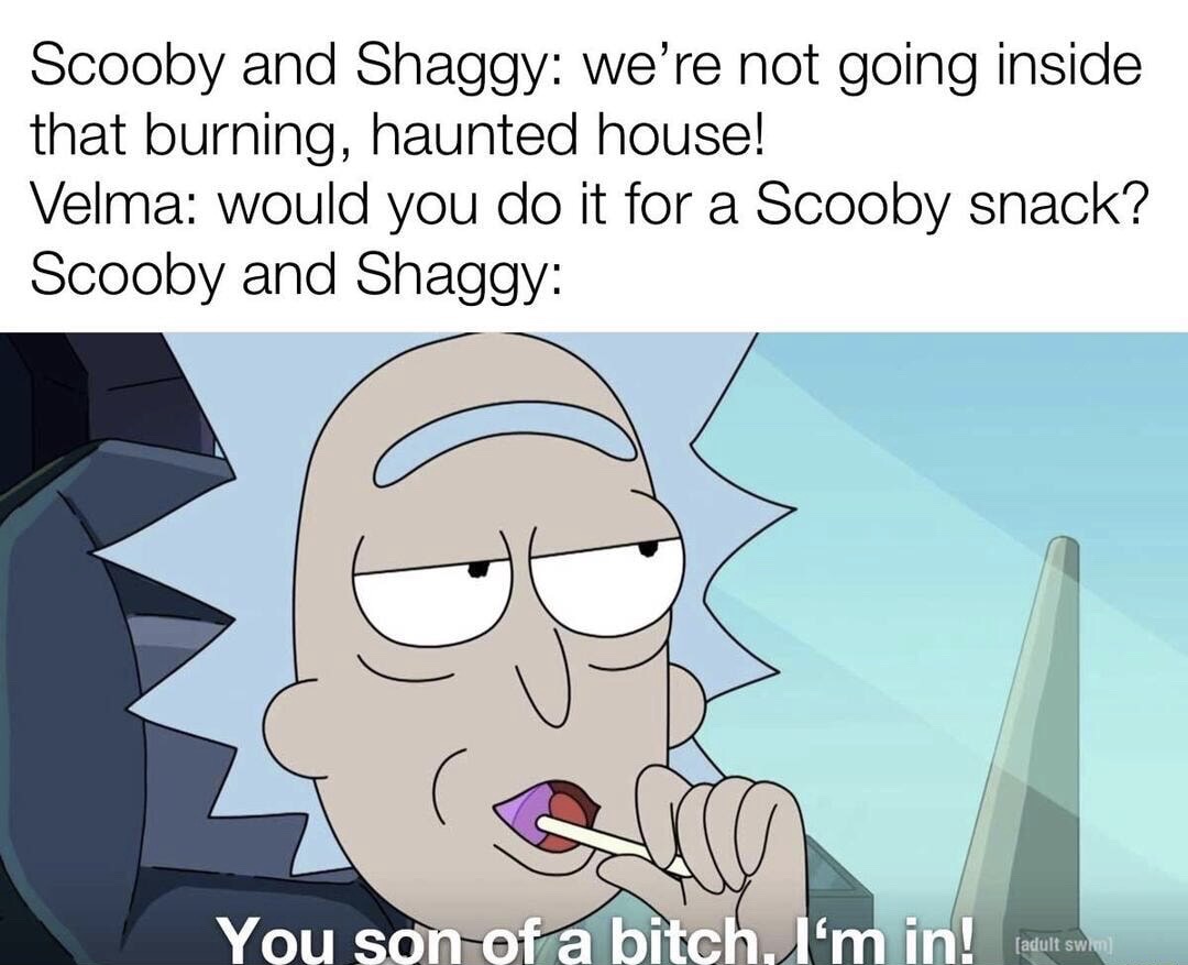 you son of a bitch im - Scooby and Shaggy we're not going inside that burning, haunted house! Velma would you do it for a Scooby snack? Scooby and Shaggy You son of a bitch, I'm in! anom