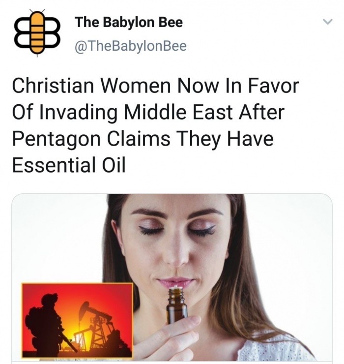 eyelash - The Babylon Bee Christian Women Now In Favor Of Invading Middle East After Pentagon Claims They Have Essential Oil