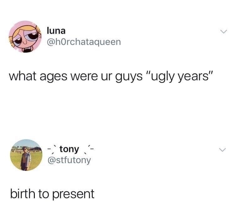 were your ugly years meme - luna what ages were ur guys "ugly years" tony birth to present