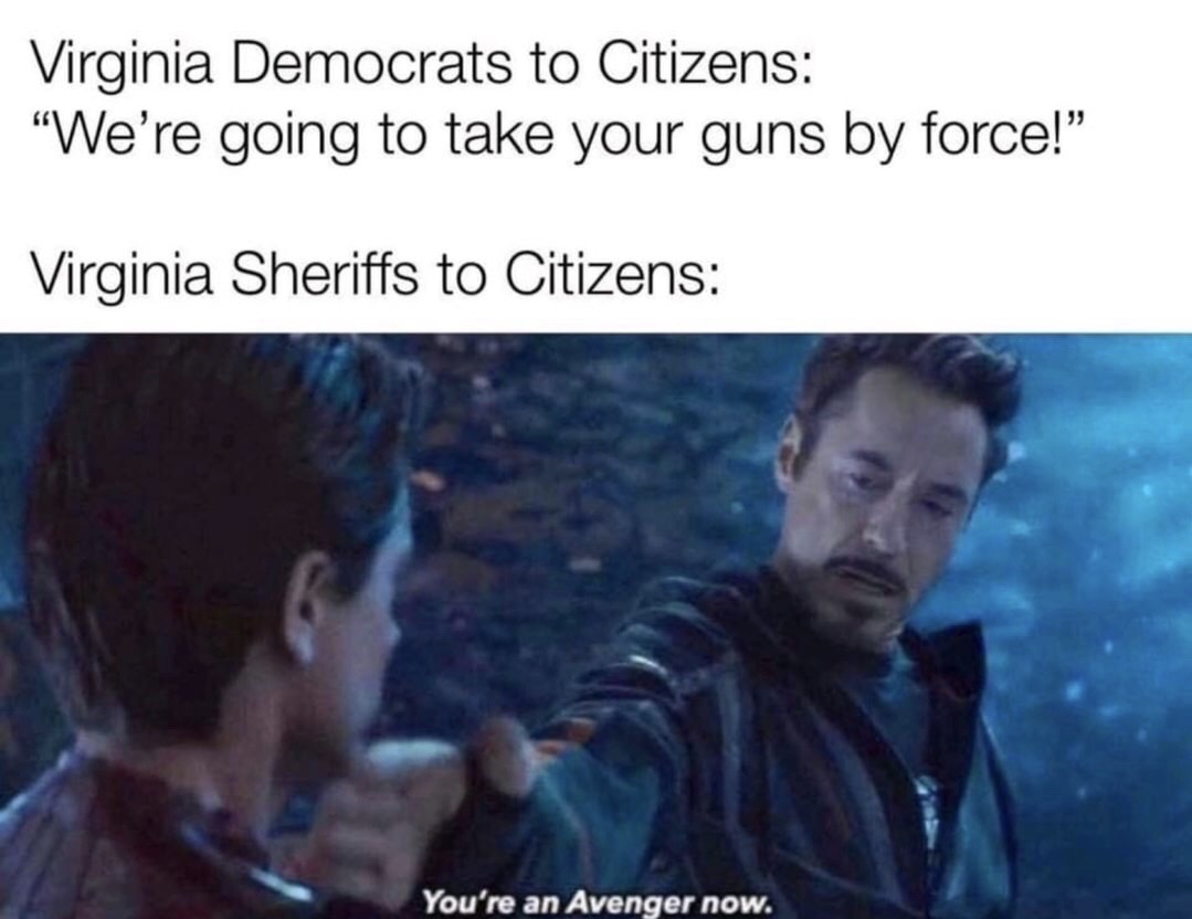 you re a clown now - Virginia Democrats to Citizens We're going to take your guns by force!" Virginia Sheriffs to Citizens You're an Avenger now.