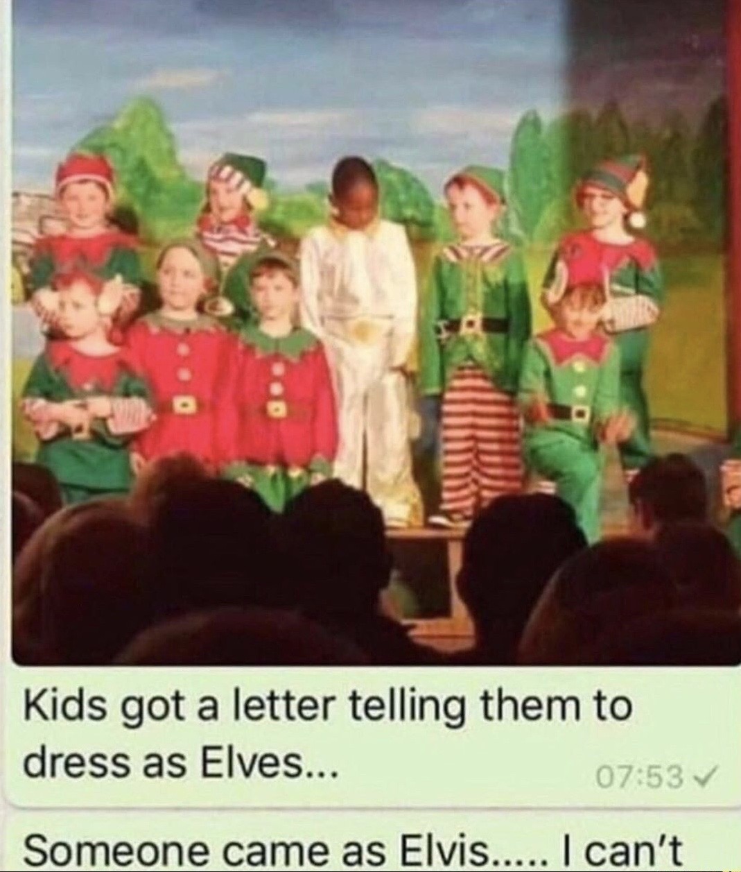 kids got a letter telling them to dress as elves - Kids got a letter telling them to dress as Elves... Someone came as Elvis..... I can't