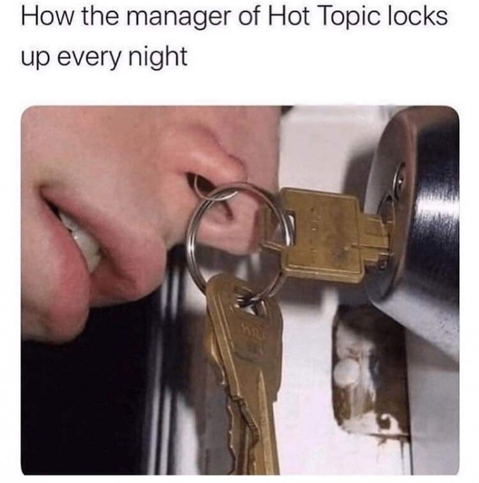nose key ring - How the manager of Hot Topic locks up every night