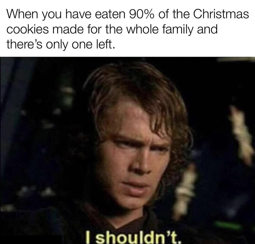 shouldn t prequel meme - When you have eaten 90% of the Christmas cookies made for the whole family and there's only one left. I shouldn't.