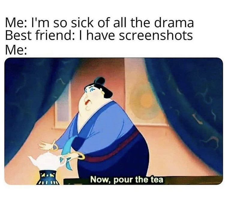 now pour the tea meme - Me I'm so sick of all the drama Best friend I have screenshots Me Now, pour the tea
