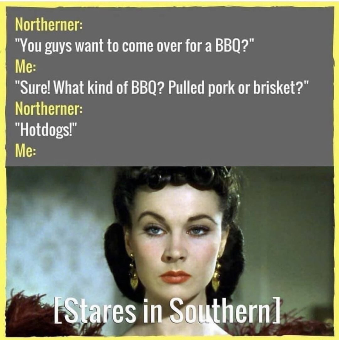 funny southern memes - Northerner "You guys want to come over for a Bbq?" Me "Sure! What kind of Bbq? Pulled pork or brisket?" Northerner "Hotdogs." Me Stares in Southernl