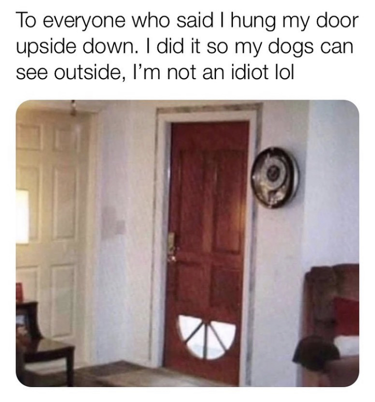 upside down door meme - To everyone who said I hung my door upside down. I did it so my dogs can see outside, I'm not an idiot lol