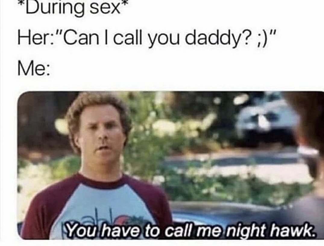 you have to call me nighthawk - "During sex Her"Can I call you daddy? " Me You have to call me night hawk.