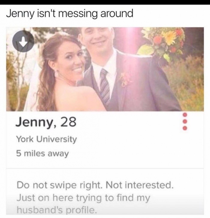 meme of york university - Jenny isn't messing around Jenny, 28 York University 5 miles away Do not swipe right. Not interested. Just on here trying to find my husband's profile.