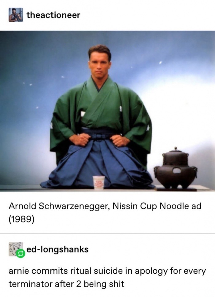arnold schwarzenegger cup noodle - theactioneer Arnold Schwarzenegger, Nissin Cup Noodle ad 1989 sedlongshanks arnie commits ritual suicide in apology for every terminator after 2 being shit