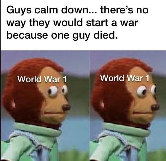 dr strange meme endgame - Guys calm down... there's no way they would start a war because one guy died. World War 1 World War 1