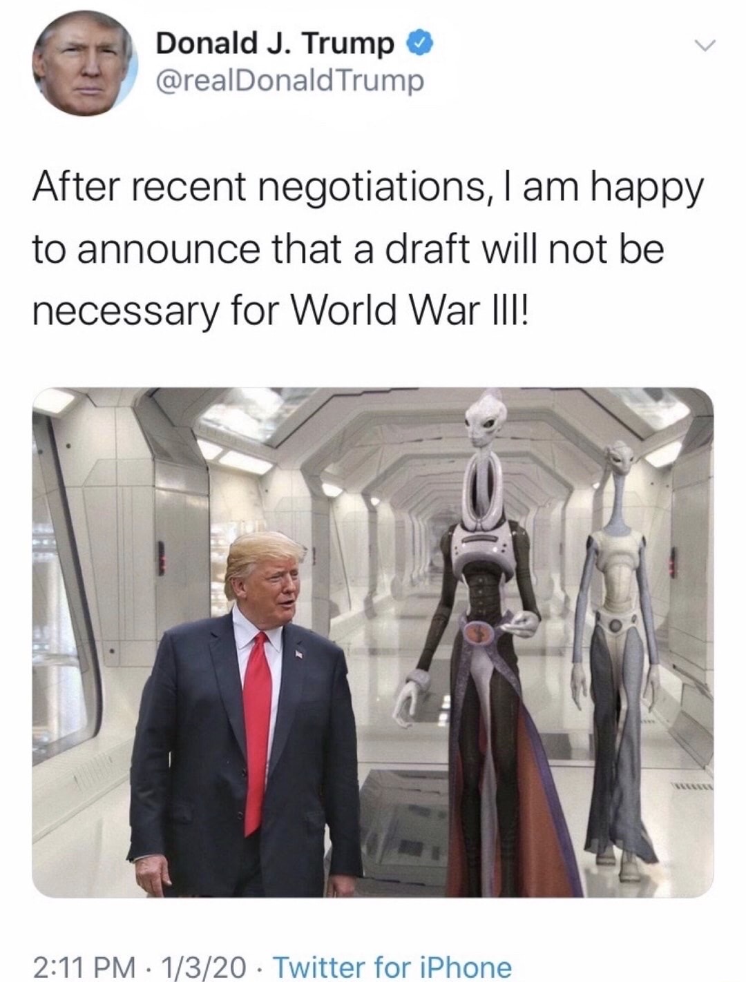 star wars - Donald J. Trump Trump After recent negotiations, I am happy to announce that a draft will not be necessary for World War Iii! 1320 Twitter for iPhone