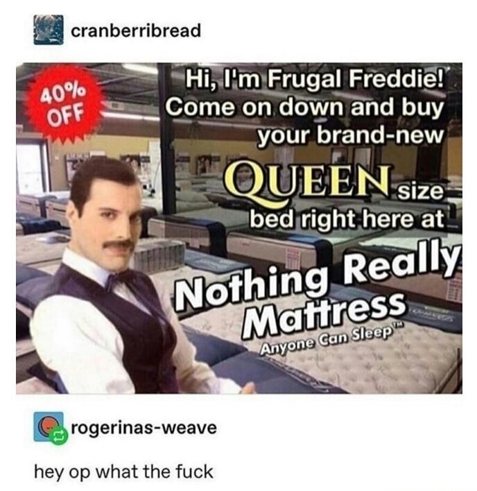 frugal freddy - cranberribread 40% Off Hi, I'm Frugal Freddie! Come on down and buy your brandnew I Oueen size size bed right here at Nothing Really Mattress Anyone Can Sleep rogerinasweave hey op what the fuck