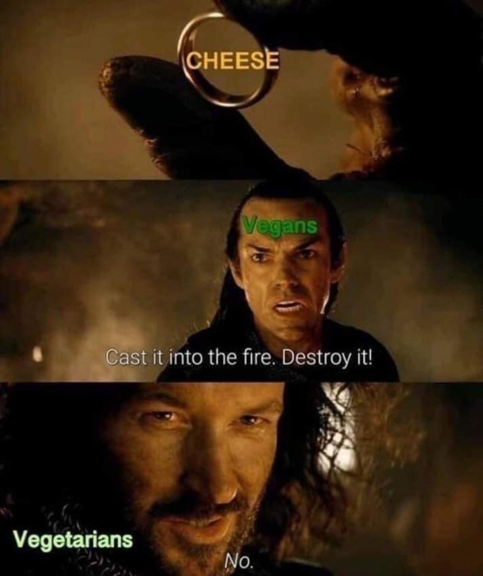 cast it into the fire meme - Cheese Vegans Cast it into the fire. Destroy it! Vegetarians No.