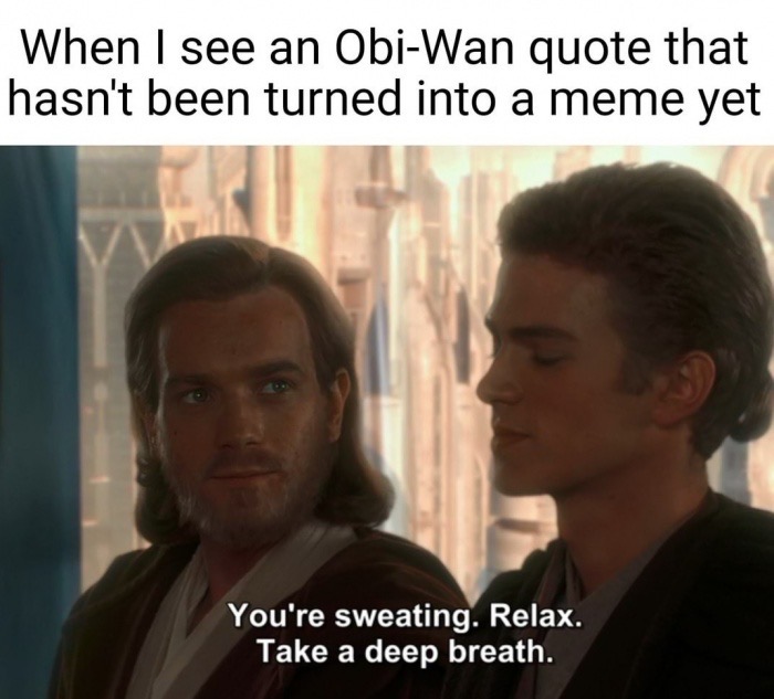 obi wan memes - When I see an ObiWan quote that hasn't been turned into a meme yet You're sweating. Relax. Take a deep breath.
