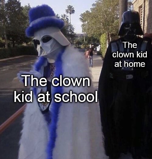Internet meme - The clown kid at home The clown kid at school