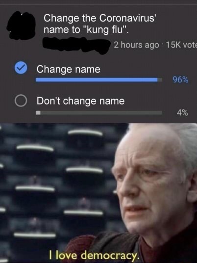 memes illegal article 13 - Change the Coronavirus' name to "kung flu". 2 hours ago 15K vote Change name 96% O Don't change name 4% I love democracy.