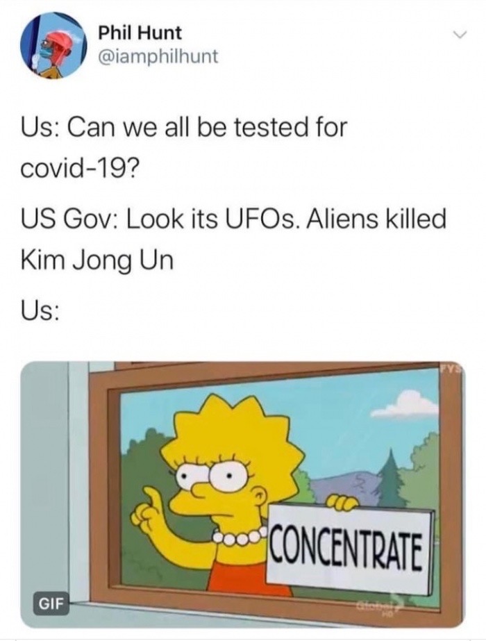 simpsons meme study - Phil Hunt Us Can we all be tested for covid19? Us Gov Look its UFOs. Aliens killed Kim Jong Un Us 200 Concentrate Gif