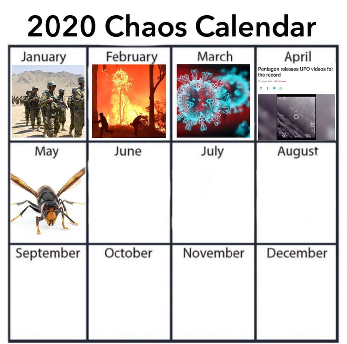 2020 Chaos Calendar January February March April Pentagon releases Ufo videos for the record May June July August September October November December