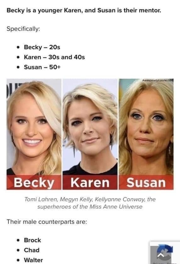 becky karen susan meme - Becky is a younger Karen, and Susan is their mentor. Specifically Becky 20s Karen 30s and 40s . Susan 50 Awesomely Luwie.com Becky Karen Susan Tomi Lahren, Megyn Kelly, Kellyanne Conway, the superheroes of the Miss Anne Universe T