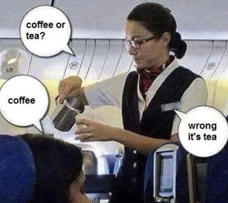 coffee or tea? coffee wrong it's tea airplane flight attendant passengar