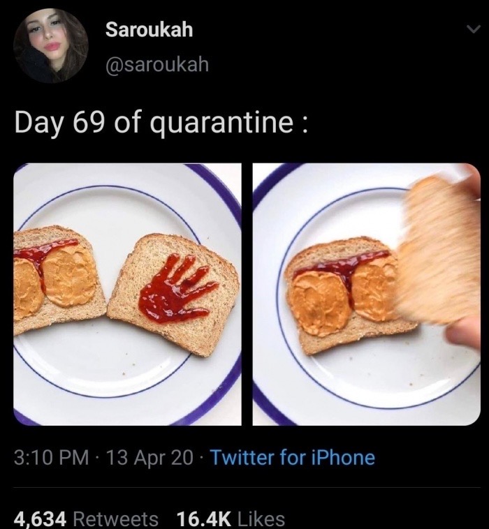 Day 69 of quarantine peanut butter jelly sandwich sexy