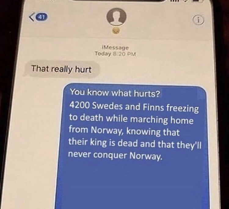 That really hurt You know what hurts? 4200 Swedes and Finns freezing to death while marching home from Norway, knowing that their king is dead and that they'll never conquer Norway.