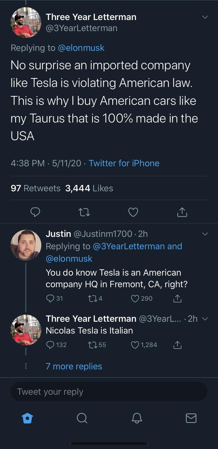 No surprise an imported company Tesla is violating American law. This is why I buy American cars my Taurus that is 100% made in the Usa 51120 Twitter for iPhone 97 3,444 1 Justin .2h and You do know Tesla is an American company