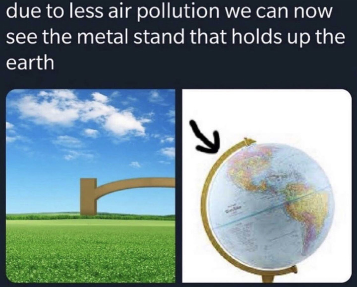 due to less air pollution we can now see the metal stand that holds up the earth