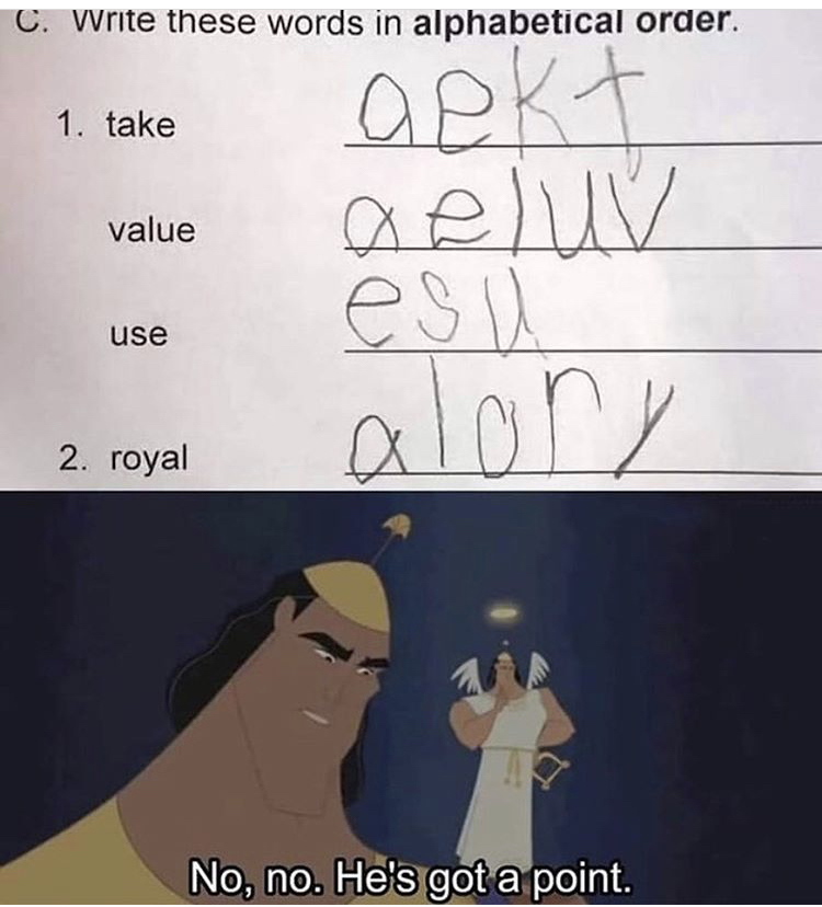 cartoon - C. Write these words in alphabetical order. 1. take value apkt a eluv esu alory use 2. royal No, no. He's got a point.