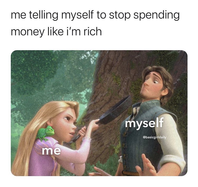 tangled rapunzel and flynn - me telling myself to stop spending money i'm rich myself me