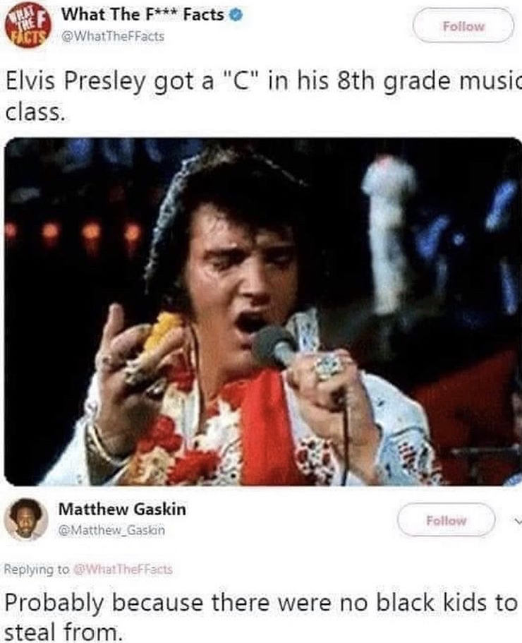 elvis funny memes - What The F Facts Ects The Elvis Presley got a "C" in his 8th grade music class. Matthew Gaskin a WhatTheffects Probably because there were no black kids to steal from.