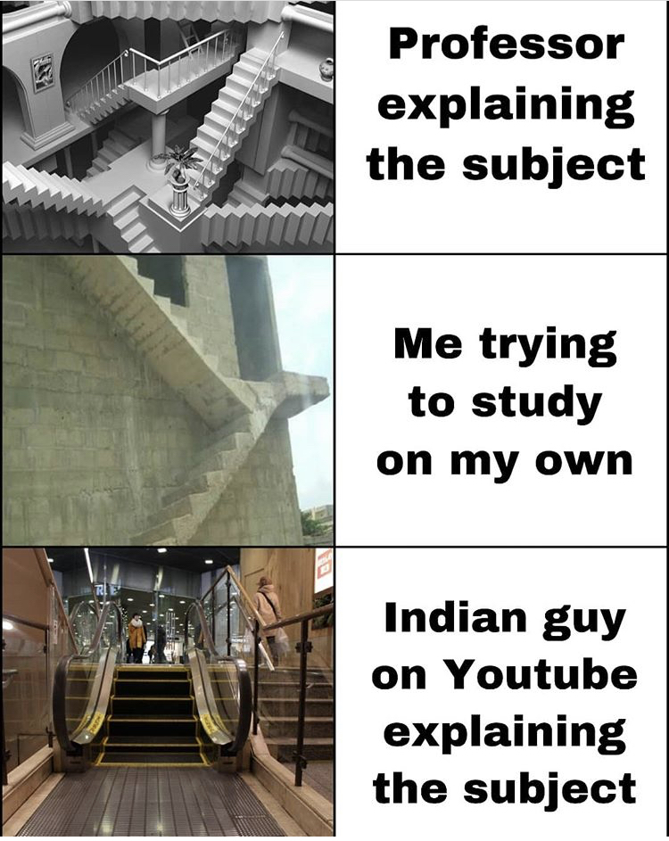 angle - Professor explaining the subject Me trying to study on my own Indian guy on Youtube explaining the subject