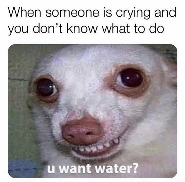 When someone is crying and you don't know what to do u want water?