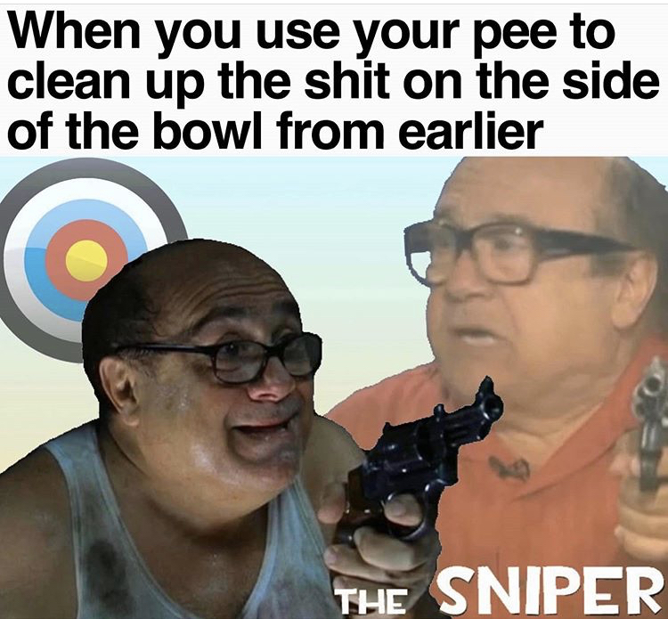 When you use your pee to clean up the shit on the side of the bowl from earlier The Sniper frank it's always sunny in philadelphia