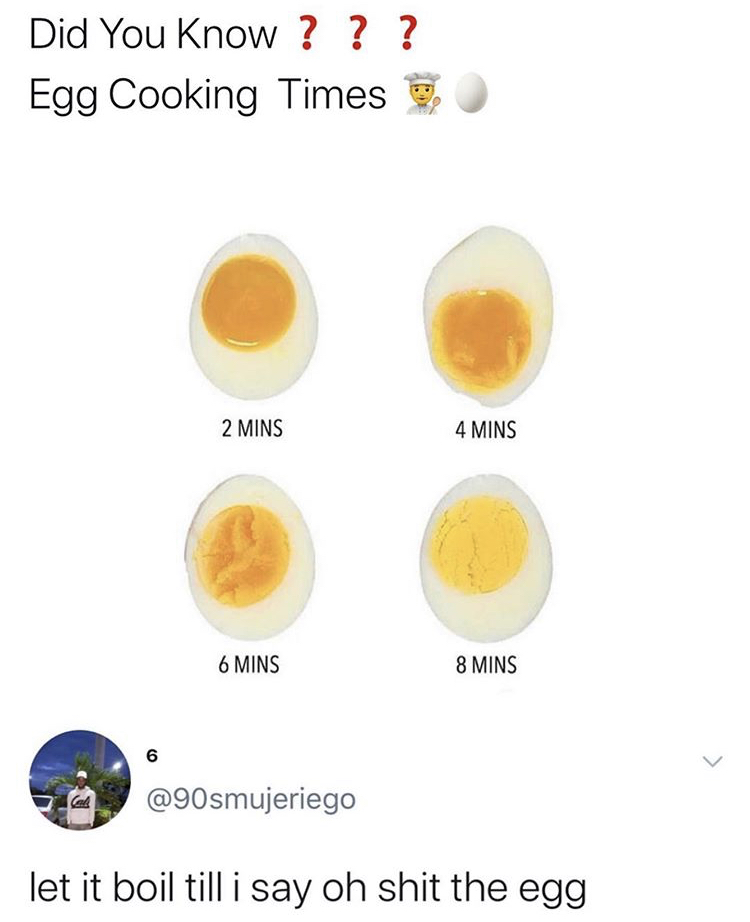 Did You Know ? ? ? Egg Cooking Times 2 Mins 4 Mins 6 Mins 8 Mins 6 let it boil till i say oh shit the egg