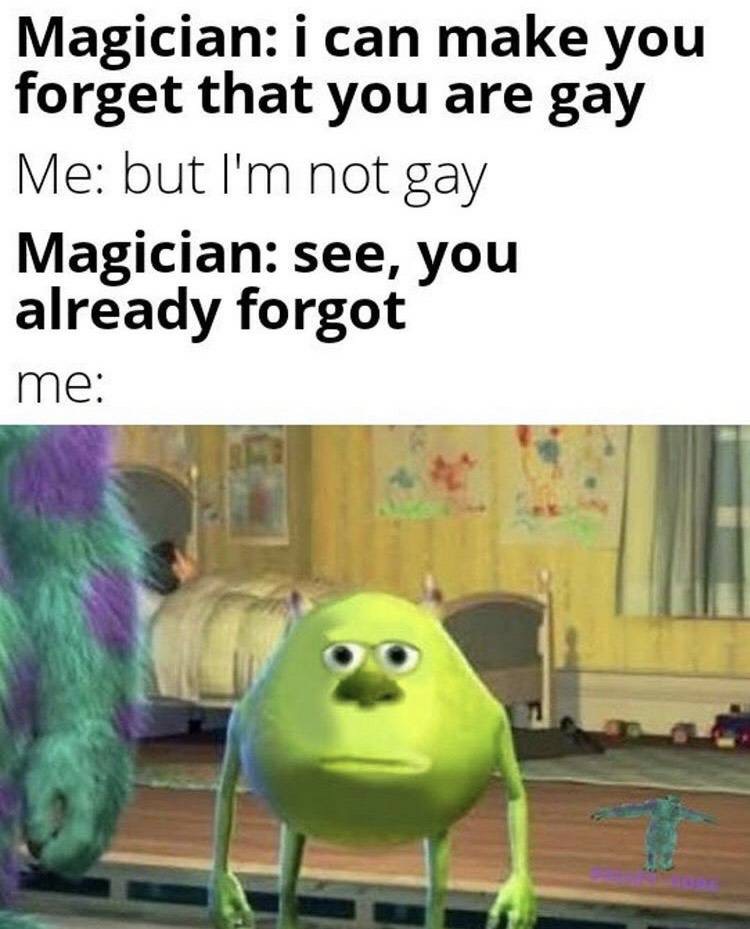 sulley wazowski - Magician i can make you forget that you are gay Me but I'm not gay Magician see, you already forgot me