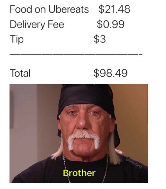 hulk hogan brother meme - Food on Ubereats $21.48 Delivery Fee $0.99 Tip $3 Total $98.49 drgrayfang Brother