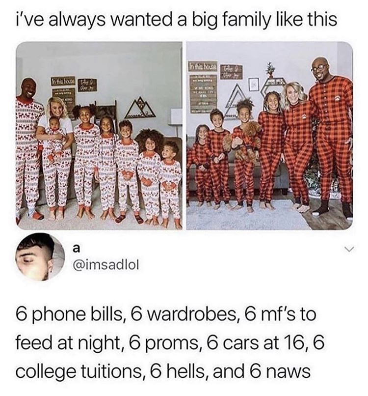 always wanted a big family - i've always wanted a big family this na hora de Cos The Mosa 2 Gr Mars a 6 phone bills, 6 wardrobes, 6 mf's to feed at night, 6 proms, 6 cars at 16,6 college tuitions, 6 hells, and 6 naws