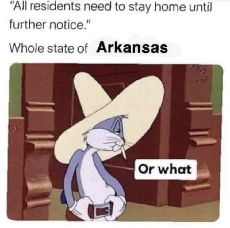 florida quarantine memes - "All residents need to stay home until further notice." Whole state of Arkansas Or what