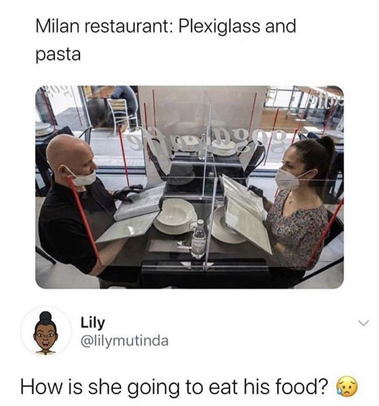 Restaurant - Milan restaurant Plexiglass and pasta L Lily How is she going to eat his food?