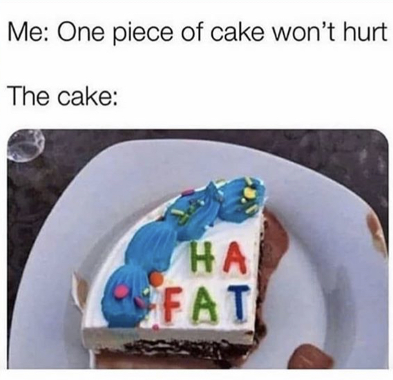 handed this piece of cake today - Me One piece of cake won't hurt The cake Fat