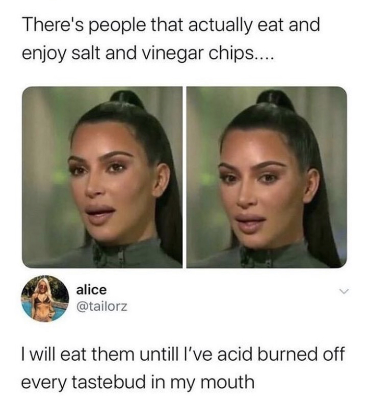 salt and vinegar chip memes - There's people that actually eat and enjoy salt and vinegar chips.... alice I will eat them untill I've acid burned off every tastebud in my mouth