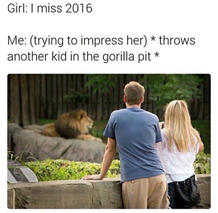 miss 2016 meme - Girl I miss 2016 Me trying to impress her throws another kid in the gorilla pit