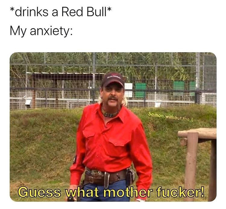 joe exotic guess what meme - drinks a Red Bull My anxiety Samon.without.the.. Guess what mother fucker!