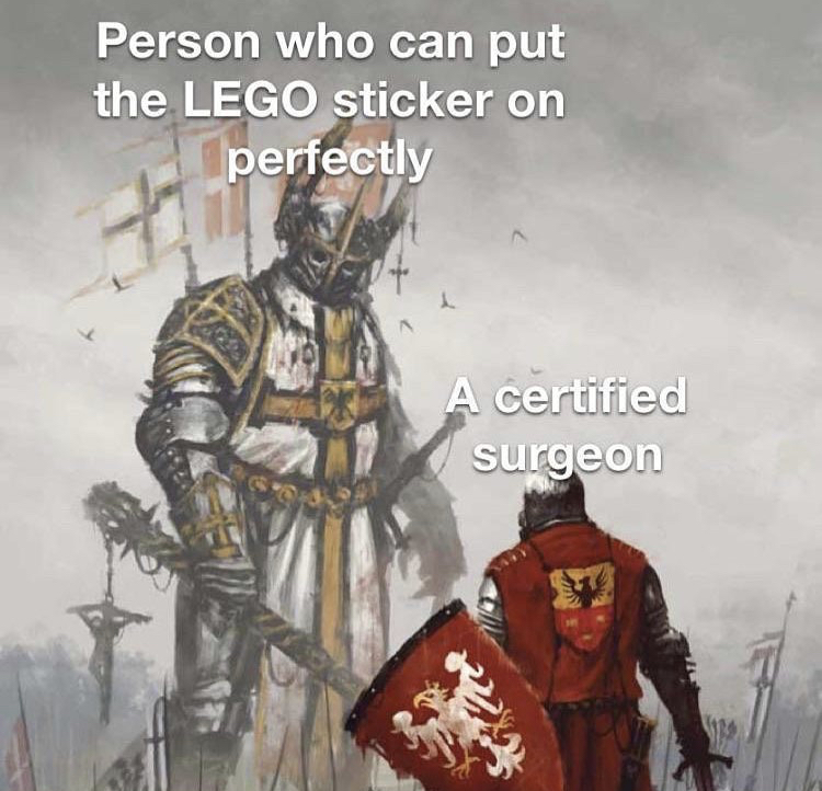 jakub rozalski meme - Person who can put the Lego sticker on perfectly A certified surgeon