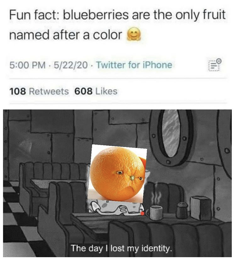 spongebob lonely meme - Fun fact blueberries are the only fruit named after a color 52220 Twitter for iPhone 0 lli 108 608 O The day I lost my identity.