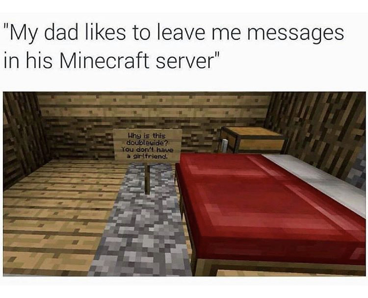 did my dad leave me - "My dad to leave me messages in his Minecraft server" Why is this doublewide? You don't have a girlfriend