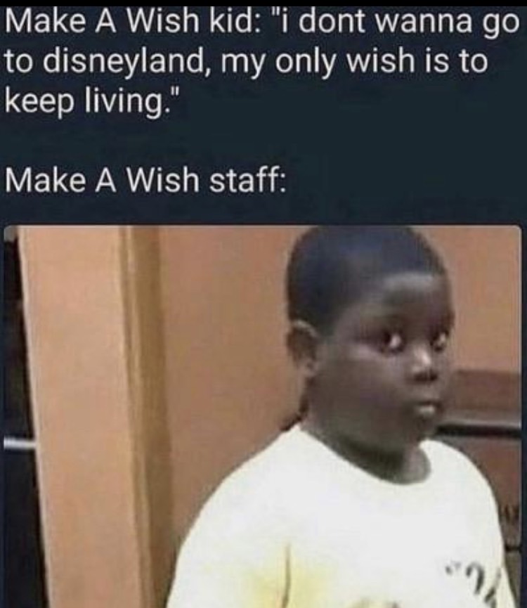 dark humor memes - Make A Wish kid "i dont wanna go to disneyland, my only wish is to keep living." Make A Wish staff ",