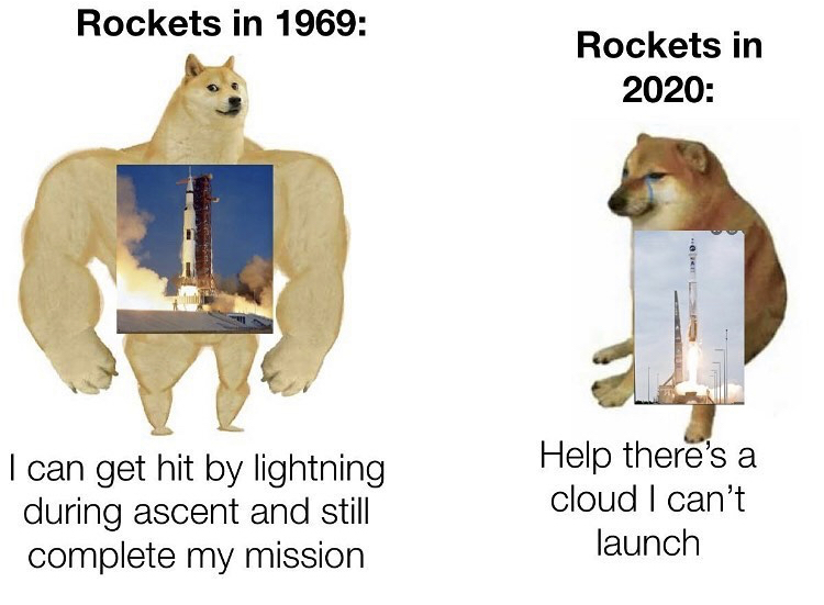 apollo 11 - Rockets in 1969 Rockets in 2020 cm I can get hit by lightning during ascent and still complete my mission Help there's a cloud I can't launch
